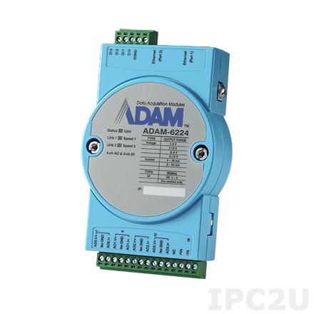 ADAM-6224-B Модуль ввода-вывода, 4 канала аналогового вывода, 4 канала дискретного ввода, 2xEthernet, Modbus TCP, 10-30VDC