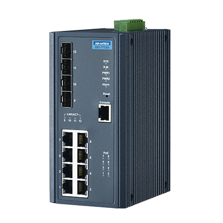 EKI-7712G-4FP-AE Управляемый коммутатор Gigabit Ethernet, 8 x IEEE 802.3 af/at PoE Gb портов, 2 комбо порта Gigabit RJ-45/SFP, PoE+, -10...+60С