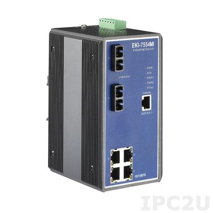 EKI-7554SI-AE Управляемый коммутатор Ethernet, 4 порта Fast Ethernet RJ-45, 2 оптоволоконных порта SC, -40...+75C