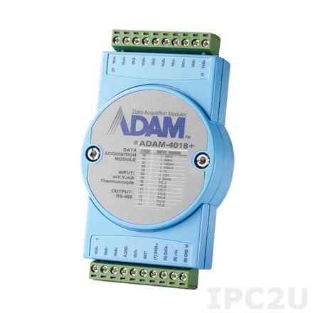 ADAM-4018+-F Модуль ввода, 8 каналов аналогового ввода сигнала с термопары, 4-20мА, до 48VDC, Modbus RTU/ASCII